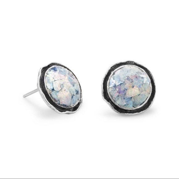NWT - Round Oxidized Sterling Silver Ancient Roman Glass Earring